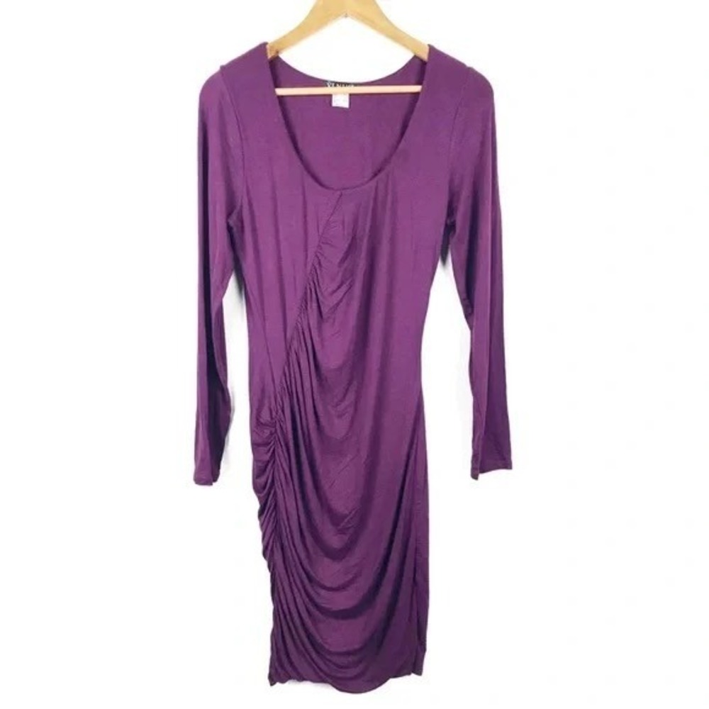 Venus Ruched Bodycon Dress Purple Long Sleeve Medium Womens Midi Scoop Neck